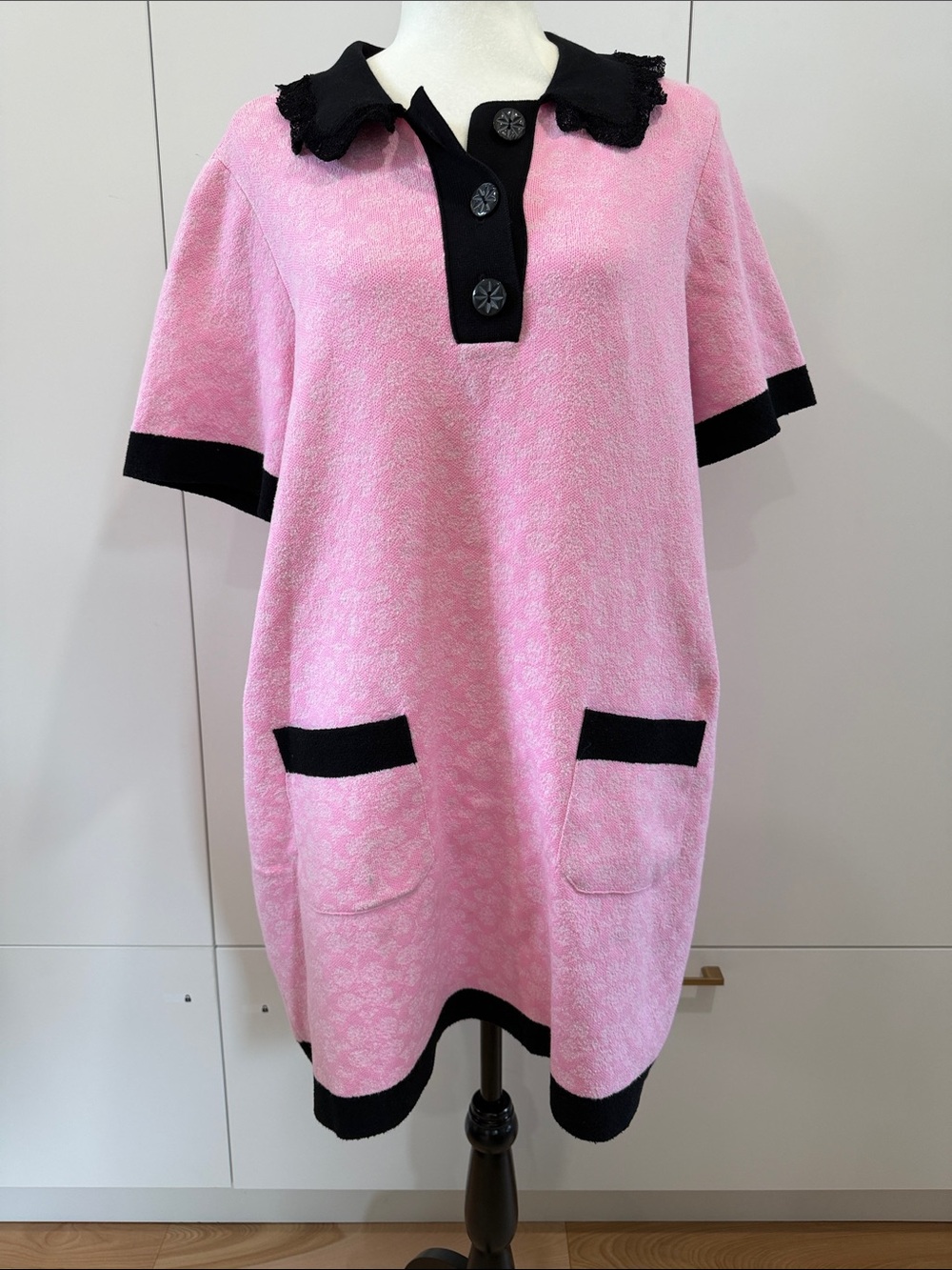 Coach Pink Knit Polo Dress with Black Trim and Pockets